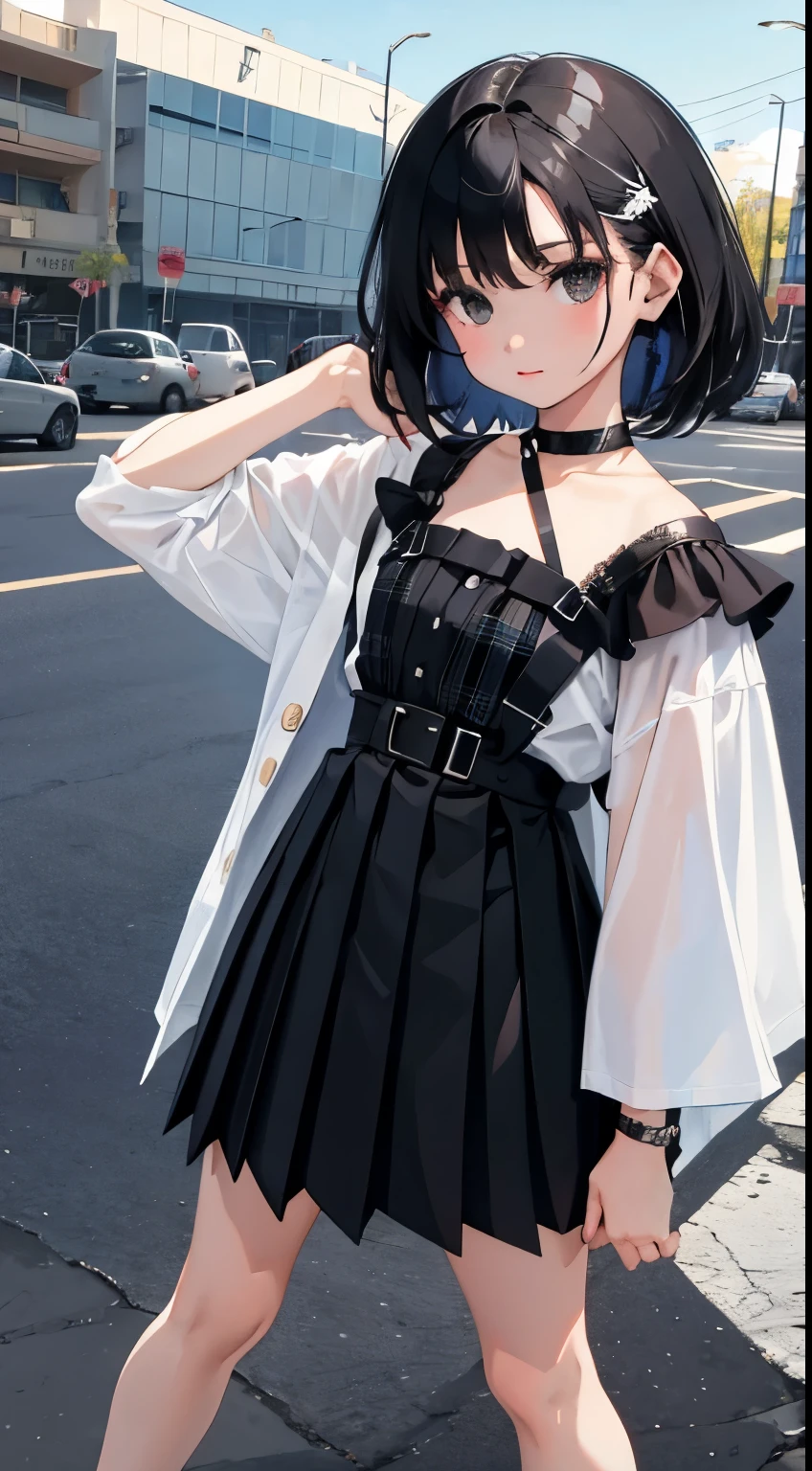 (),(masterpiece,Top quality),black plaid pleated hort sleeve,black hair,intersection