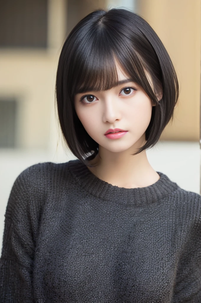 (masterpiece:1.3), (8K, realistic, RAW photo, highest quality: 1.4), (1 girl), beautiful face, (realistic face), (black hair, short hair:1.3), beautiful hairstyle, realistic eyes, beautiful and fine eyes, (realistic skin), beautiful skin, (sweater), disorganized, Charm, ultra high resolution, surreal, very detailed, golden ratio