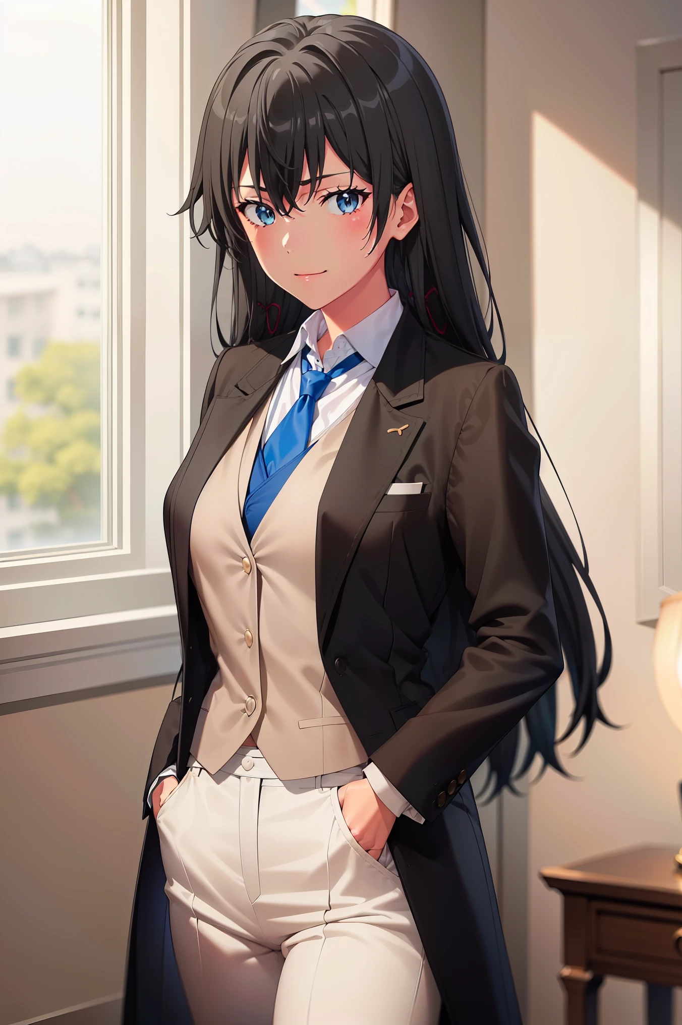 Yukinoshita yukino ,woman in formal attractive tailcoat standing in a large alcove in the room , 1girl, solo, blue necktie, black hair, blue eyes, long hair, smile , collared shirt, white pants, white shirt , tailored tailcoat elegant , standing in front of a window ,tailcoat tailored to perfection crafted from the lustrous fabric