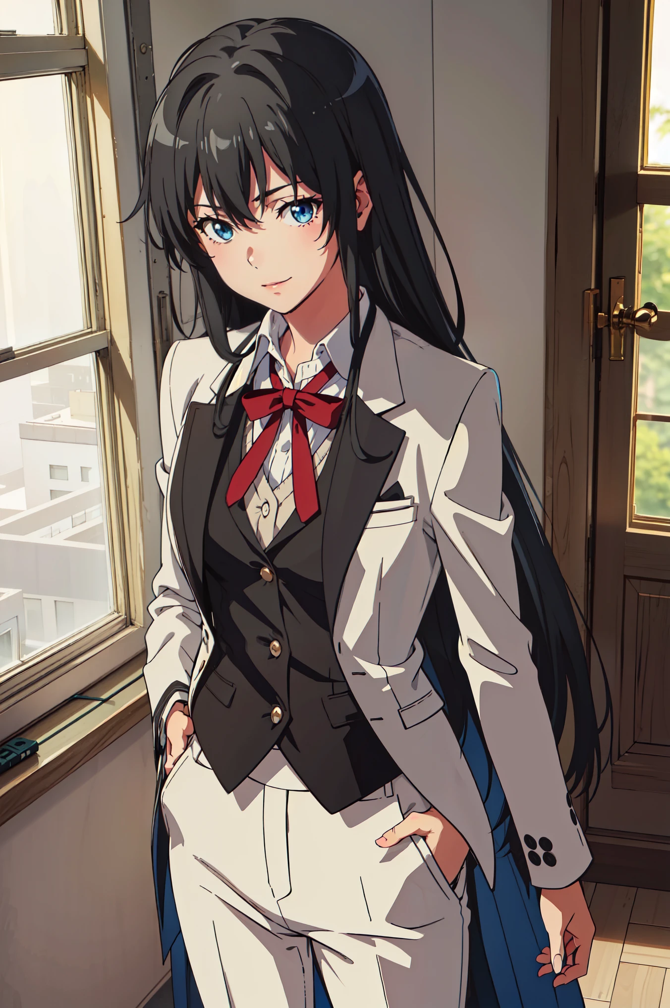 Yukinoshita yukino ,woman in formal attractive tailcoat standing in a large alcove in the room , 1girl, solo, blue necktie, black hair, blue eyes, long hair, smile , collared shirt, white pants, white shirt , tailored tailcoat elegant , standing in front of a window ,tailcoat tailored to perfection crafted from the lustrous fabri