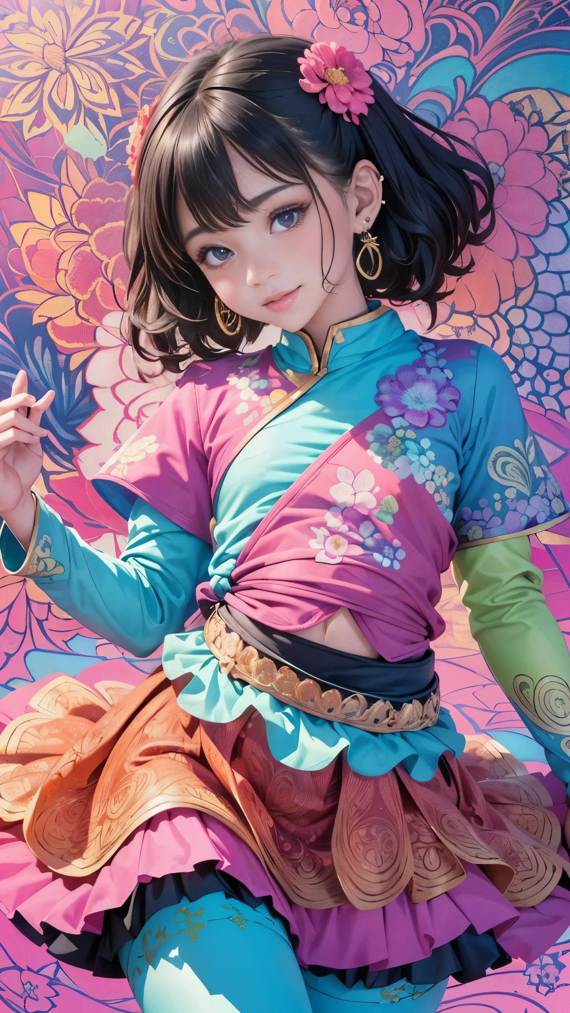 、(perfect face, on the table, highest quality, best quality, official art, Beautiful and beautiful:1.2), (1 girl in:1.3), Very detailed,(fractal art:1.1),(rich and colorful:1.1)(flowers:1.3),highest detail,(Zentangle:1.2), (dynamic poses), (abstract background:1.3), (Many colors:1.4), ,(earrings:1.5)