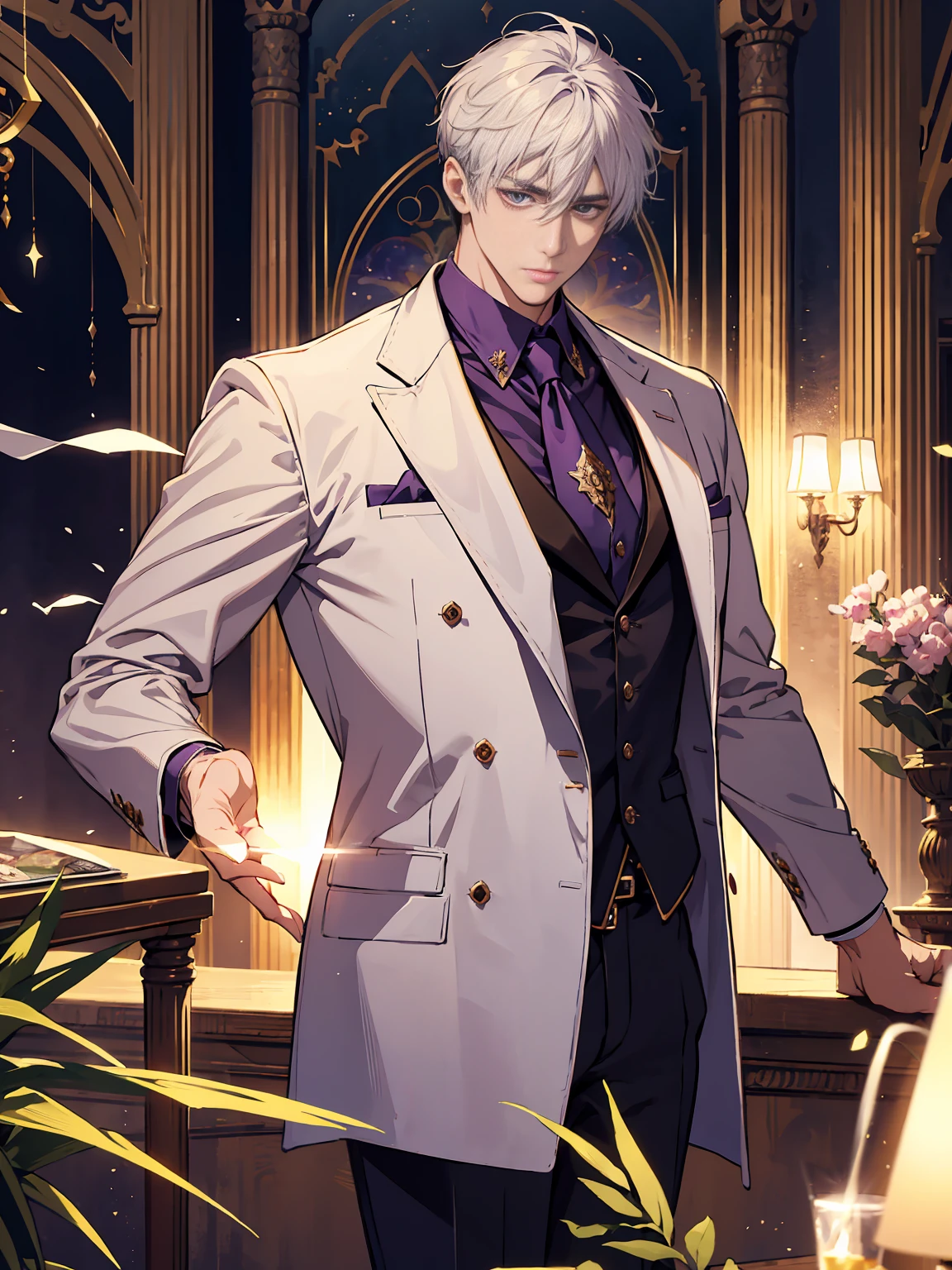 Constantine the Great, Roman Emperor Constantine the Great resurrected in modern times。34 years old。one adult male。Long body。broad shoulder。thick neck。eyes like a lion。Bright and sharp eyes。Looking here。Sincere and kind。Kind and reliable。Deal with it sternly if necessary.。talented and hardworking businessman。successful gentleman。careerist。he is wearing a high quality white suit。dark purple tie。Light purple shirt。forceful。An overwhelming sense of control。romance novel hero。Bold composition。look up to。lyrical。Dramatic。heartful。Romantic。Travel situation。Exotic。opulent。elegan。elegance。Background of Constantine in Algeria reflected in the sunset。​masterpiece。top-quality。Super beautiful。The ultra -The high-definition。detaileds。exquisite。anime.