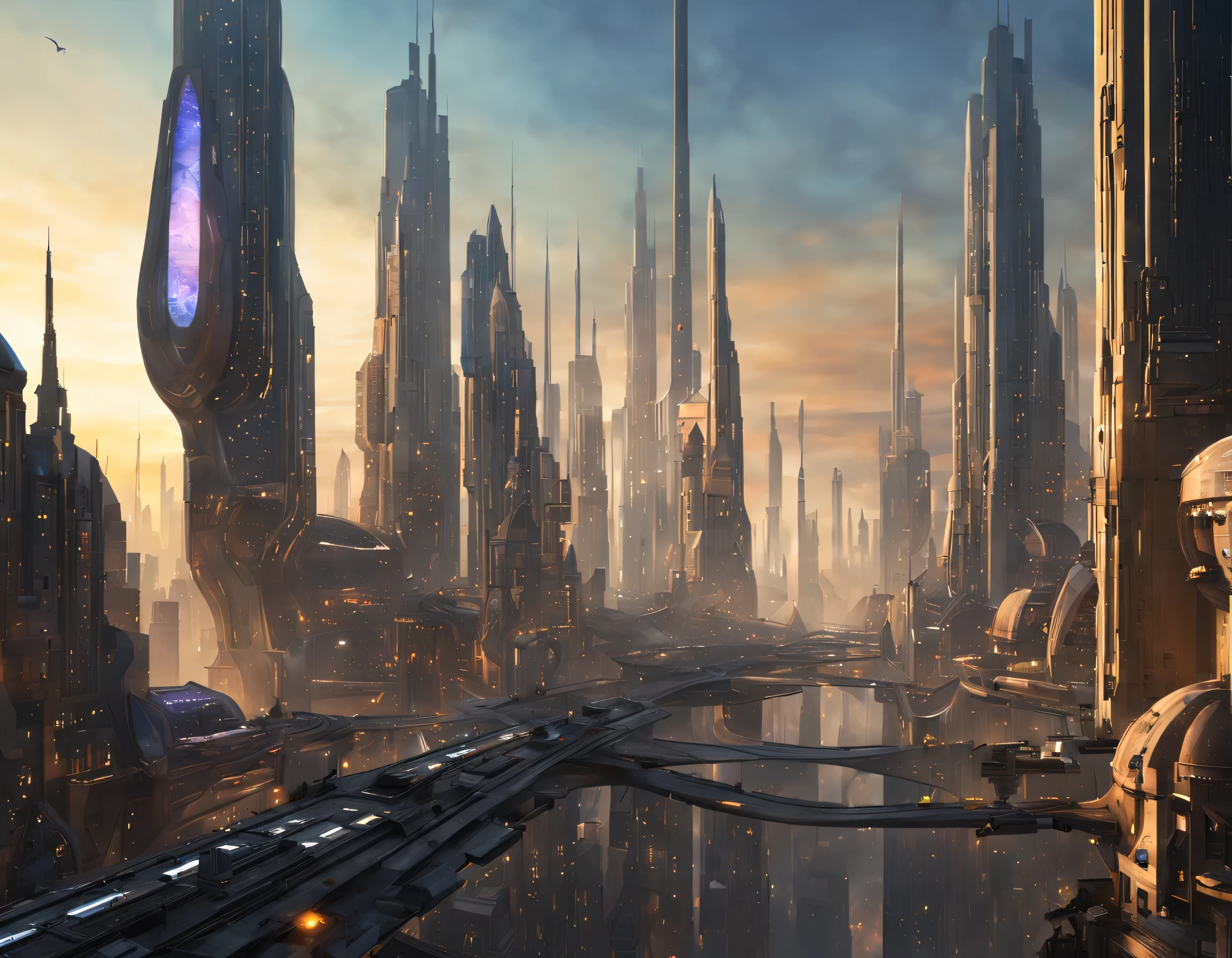 (The city of Coruscant from Star Wars as designed by Doug Chiang), futuristic fantasy city with immense buildings of technological design (que forman una avenida infinita), edificios compactor no difuminados con aspecto metalico, luces en ventanas en edificios, iluminacion diurna con sol, con estructuras acristaladas espectaculares, (con colores vivos). pavimento ensolado (sin brillo). gente paseando. imagen bien definida con muchos edificios juntos. imagen nitida bien definida 8k. los edificios llegan alta el fondo.,8k. imagen cinematografica. ((obra maestra de superior calidad)). (renderizado 3D).