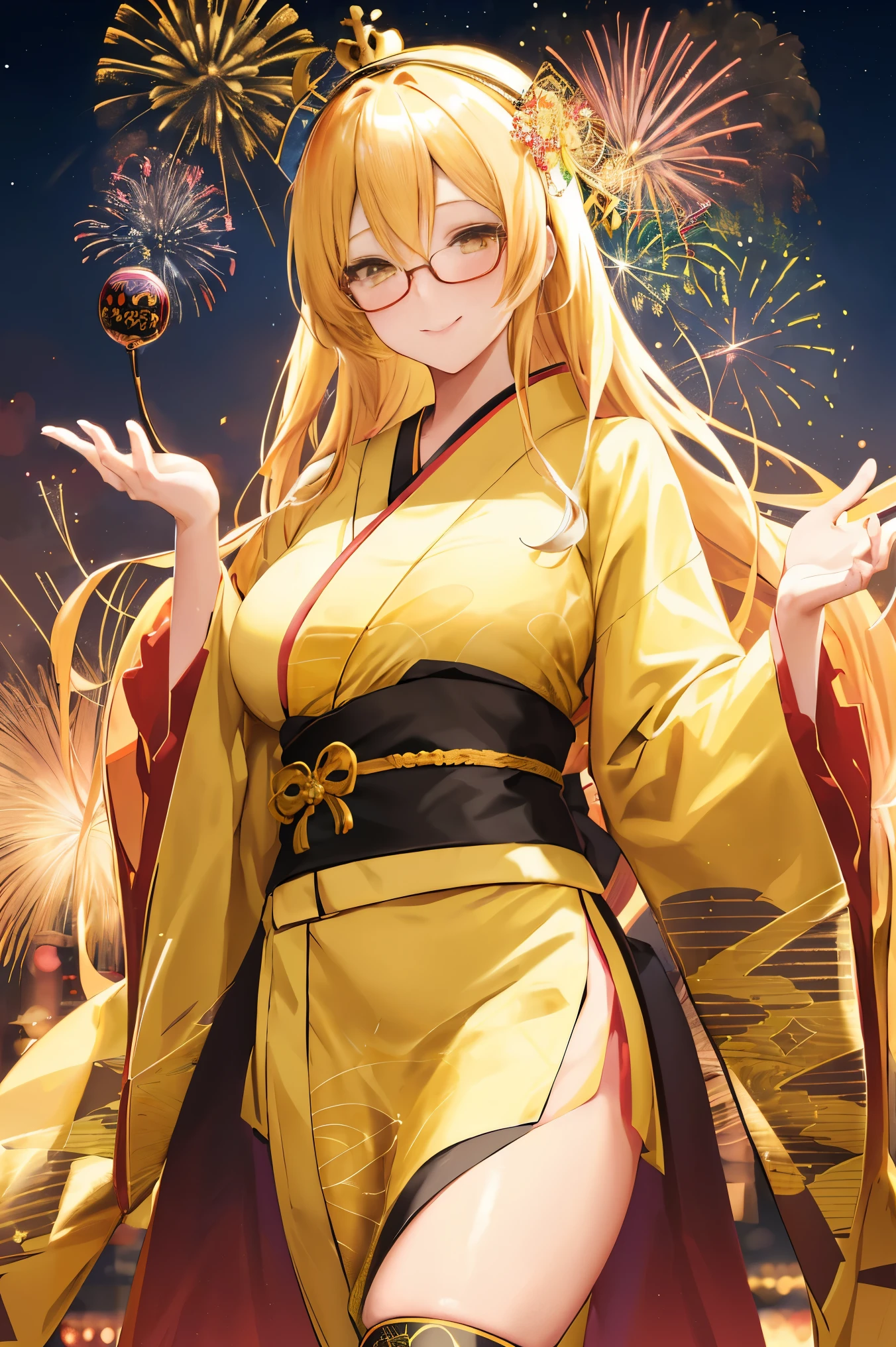 "anime girl, 1 person, bright blonde hair, yellow eyes, glasses, crown on head, female kimono, yellow kimono with black trim with intricate patterns, big breasts, long stockings, standing cross-legged, angle  view from different directions, solo,  smile, blushing, festival, night, New Year's Eve fireworks, watching fireworks (full HD 4K+ image)"