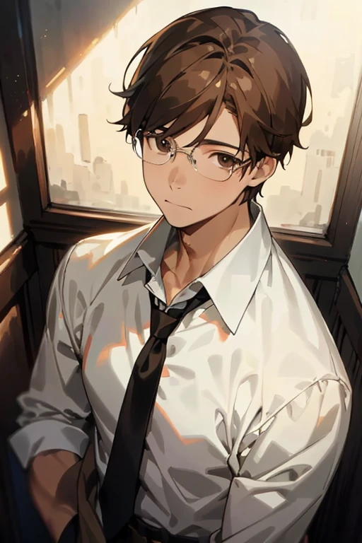 masterpiece, 最high quality, high quality, 1 male, alone, male focus, looking at the viewer, Upper body, Manat, brown hair, beautiful brown eyes, wearing glasses, 50 years old,formal, tie, dress shirt