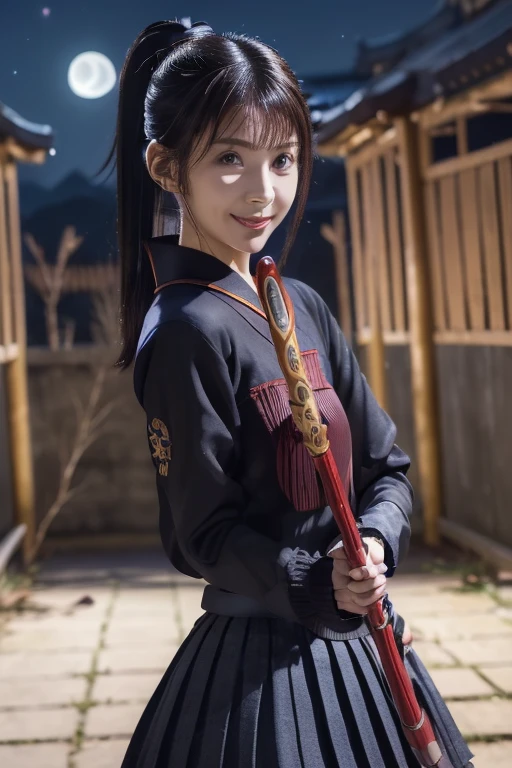 Top quality, masterpiece, extremely detailed CG unity 16K wallpaper, ultra-high resolution, high definition, (perfect body, correct ???????:1.5), (from front view:1.4), dynamic, professional photo, raw photo, photorealistic, cinematic lighting, 1 girl, ((Japanese teen, 16 years old:1.1)), ((evil witch:1.4)), cowboy shot, solo, looking at viewer, intricately detailed face, hyper-realistic skin texture, brown hair, (ponytail:1.3), (short hair:1.1), glossy hair, short hair, highly detailed skin, highly detailed eyes, bright eyes, ((red iris:1.3)), ultra-realistic nose and lips, slim outline of the face, expressive face, (evil smile:1.4), ((, dark gray serafuku, long sleeves, pleated skirt:1.5)), slender, medium breast, ((perfect body proportion:1.3)), (((holding 1 magic wand, performing a disastrous witchcraft:1.5))), (((emitting dark aura:1.2))), (((outdoor, abandoned Buddhist temple, night, crescent moon on the sky, countryside:1.3)))