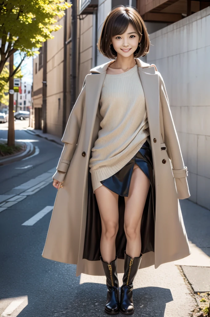 Echiechi, Constricted body, Rumor, adult woman, 30 generations, 8 life size, beautiful detailed eyes, short bob hair, clavicle, best quality, masterpiece, Layer Bob Hair, Moist eyes, Pixie Cut, Awesome pose, long eyes, brown eyes, brown eyes, smile, smiling, real, glossy lips, Chubby lips, Japanese, golden ratio, cool beauty, natural makeup, Kaede Fua, small ass, slender face, professional lighting, Winter, long skirt, boots, date, street, knit, coat