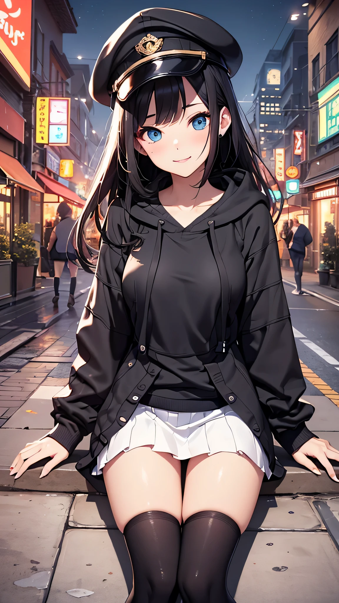 最high quality、best image quality、masterpiece、teenage girl((18-year-old、 By becoming、vest bust、medium bust,wide open breast tea、black eye, black hair、long hair、thin,highest valley、black hoodie(2:3),white skirt、sit、open thighs、cute blue hat、leaning forward(2:3),smile)),high quality、beautiful art、background((City of night、Restaurant Area)),debris flies、Depth of written boundary、movie、visual art、perfect art、8K,genuine