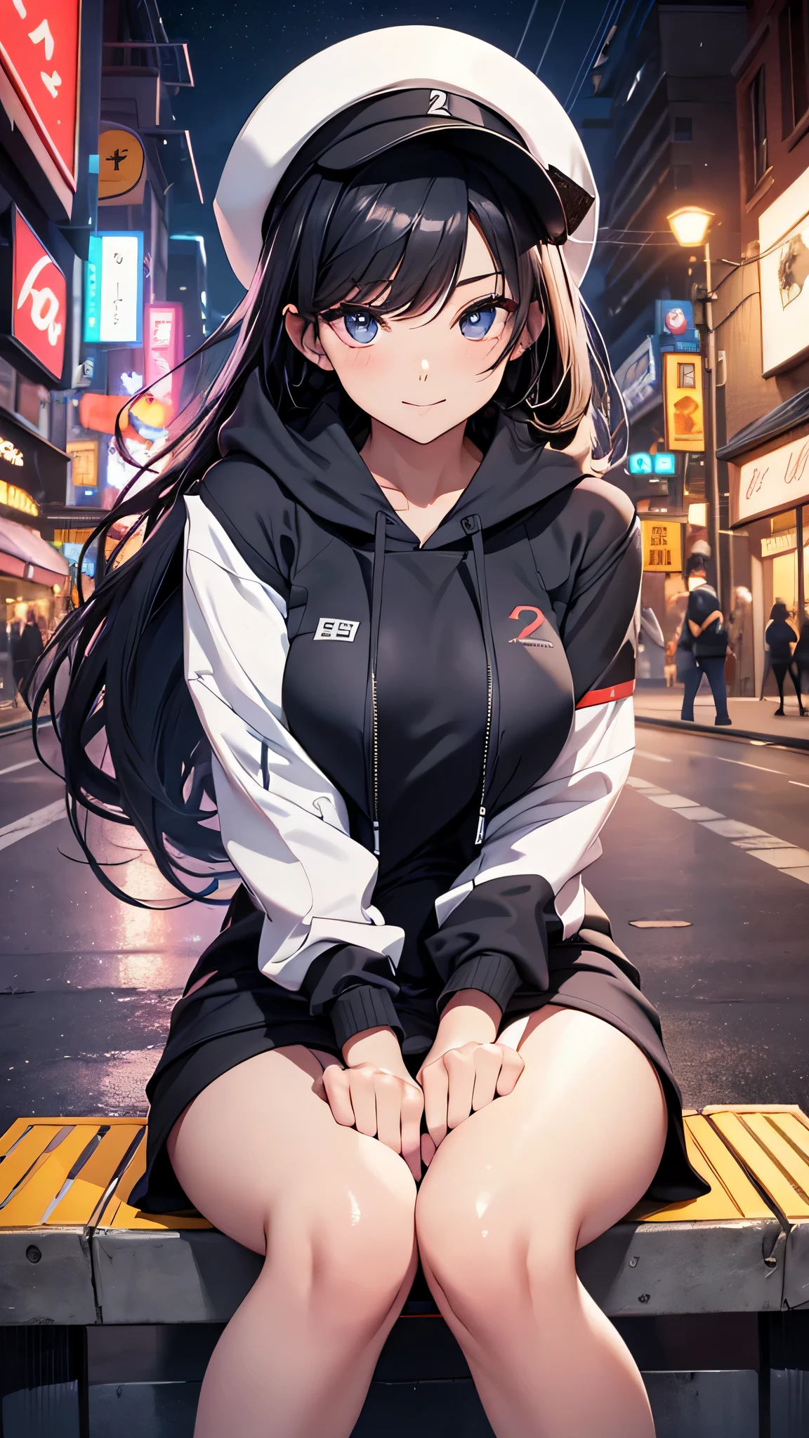 最high quality、best image quality、masterpiece、teenage girl((18-year-old、 By becoming、vest bust、medium bust,wide open breast tea、black eye, black hair、long hair、thin,highest valley、black hoodie(2:3),white skirt、sit、open thighs、cute blue hat、smile、put your hands behind your back、The wind blows)),high quality、beautiful art、background((City of night、Restaurant Area)),debris flies、Depth of written boundary、movie、visual art、perfect art、8K,genuine