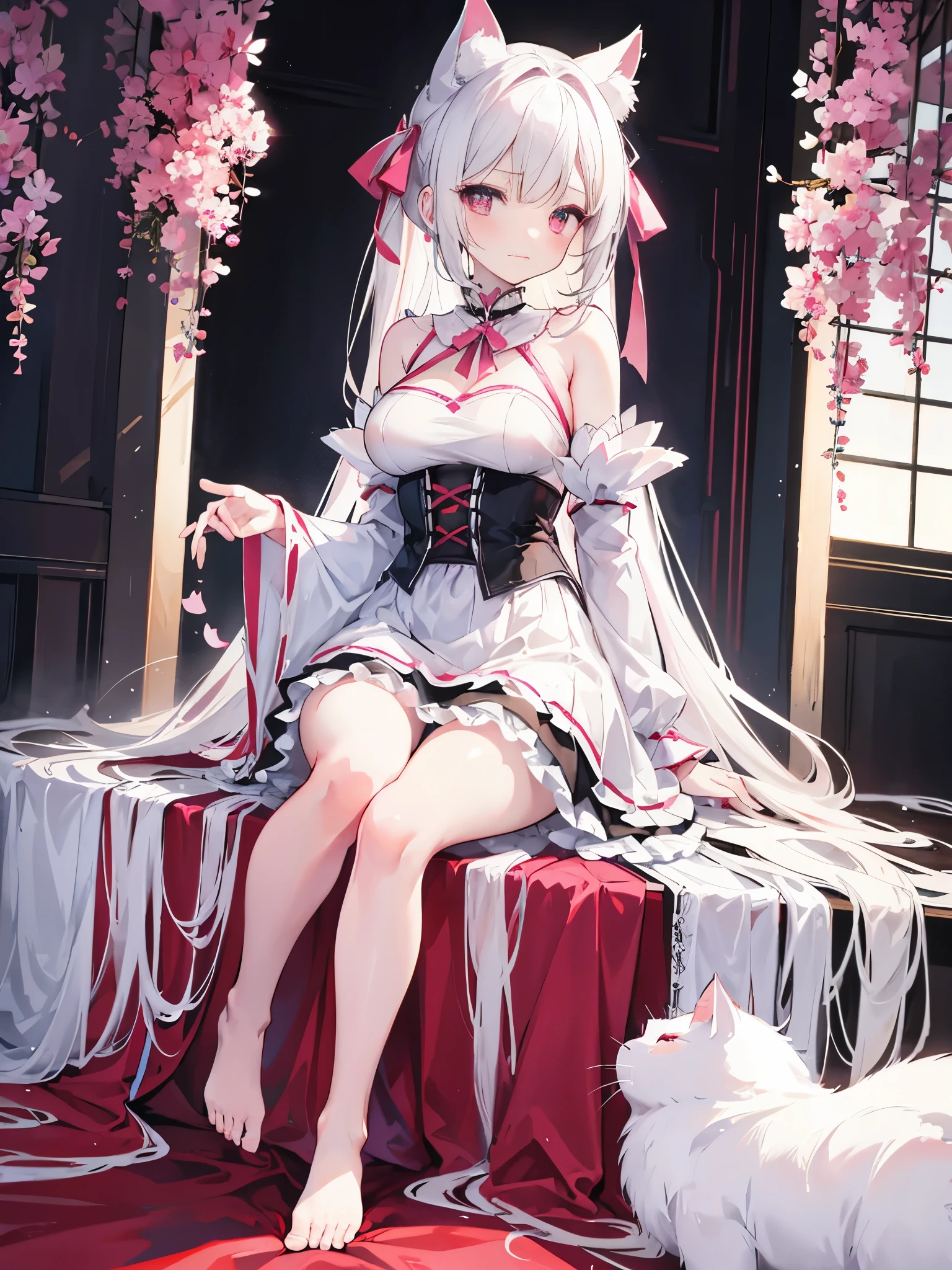 big breasts,突出big breasts,Wearing maid outfit,blush, surprise,look at me,red pupils,Lace tights,beautiful hair、 beautiful eyes、 beautiful skin、beautiful legs、beautiful arms、perfect fingers、 very cute,white hair, long hair,white cat ears, white cat tail,best quality,high resolution,top quality,pink bows,slender eyebrows,hair slightly moist,On a very large white bed, white pillows,perfect waist,Skirt has cutouts at the end,Pouting,The clothes are a little wet,,very young,18 years old,shy smile,Long messy white hair tied up,tempting pose,chiaroscuro,bare shoulders,Naked room,slit sleeves,There are a few drops of water on the breast,bare legs,barefoot,Ray tracing,disdainful expression,Lift up the skirt slightly with both hands,Beautiful girl alone,Most of the body is exposed,Pink miniskirt