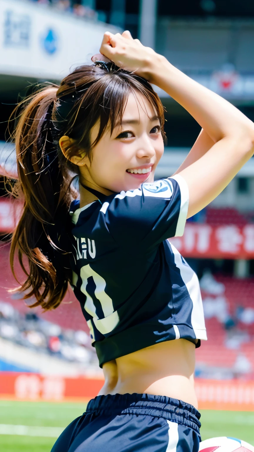 perfect anatomy,(((A beautiful athlete with outstanding style enters the field of a large soccer stadium filled with spectators, wearing a professional team's soccer uniform and spikes, holding hands with a , and smiling.))),A beautiful soccer player wearing a red uniform with black stripes introduces himself by stepping on the soccer ball with his right foot, raising his head, waving his hand loudly, and responding to the audience with a smile.,(((Ulsan-6500))),(((Beautiful background bokeh with deep depth of field created by Hasselblad))),sexy waist,masterpiece,highest quality,ultra high resolution,high detailed portrait,tall nose and beautiful face,limbs like a model,The fair-skinned nape of the neck is dazzling,(((Her slim waist and stunning hips are a beauty that captivates everyone who sees her.))),Answer the audience with your chin up and a smile.,((A dynamic photo taken from the front)),cute 20 year old, Her long, beautiful, lustrous chestnut hair is tied up in a bun, and the nape of her neck is cute.,(Her proud F cup breasts shine),long eyelashes and large eyes,,Clear double eyelids,((Glossy thick lips)),perfect anatomy,