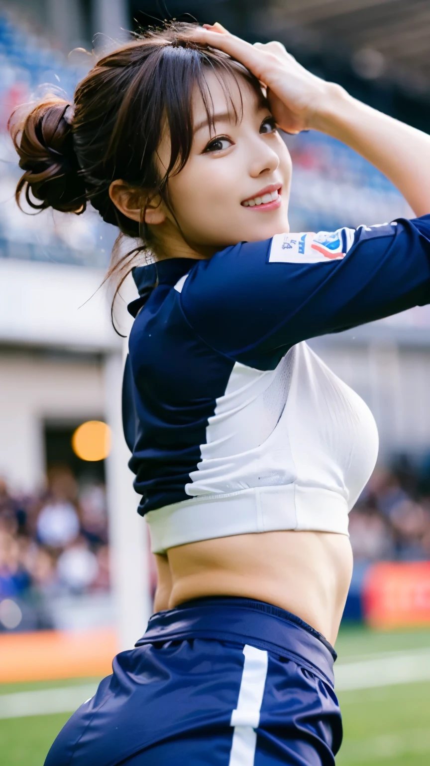 perfect anatomy,(((On the field of a large soccer stadium filled with spectators, a beautiful athlete with outstanding style is chasing a soccer ball wearing a professional team's soccer uniform and spikes.))),(((Beautiful soccer players wearing white and blue uniforms are dribbling and competing.))),(((Ulsan-6500))),(((Beautiful background bokeh with deep depth of field created by Hasselblad))),sexy waist,masterpiece,highest quality,ultra high resolution,high detailed portrait,tall nose and beautiful face,limbs like a model,The fair-skinned nape of the neck is dazzling,(((Her slim waist and stunning hips are a beauty that captivates everyone who sees her.))),Answer the audience with your chin up and a smile.,((Sexy photo taken from behind)),cute 20 year old, Her long, beautiful, lustrous chestnut hair is tied up in a bun, and the nape of her neck is cute.,(Her proud F cup breasts shine),long eyelashes and large eyes,,Clear double eyelids,((Glossy thick lips)),perfect anatomy,