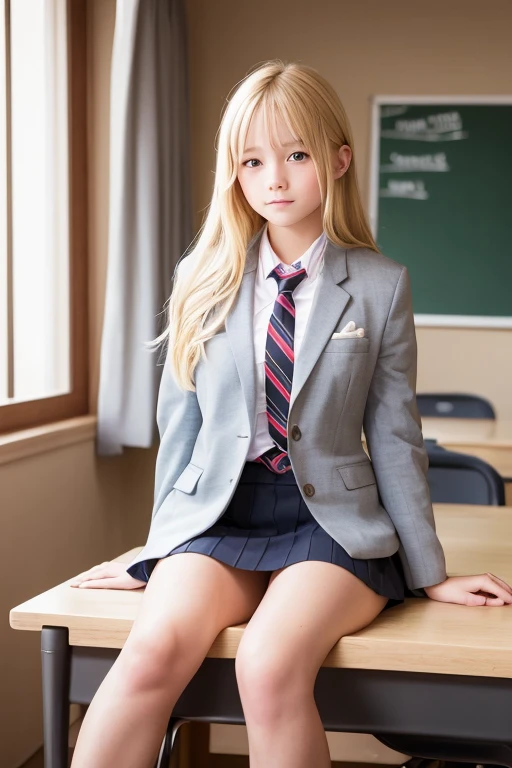a very cute blonde girl, school blazer, raw photo