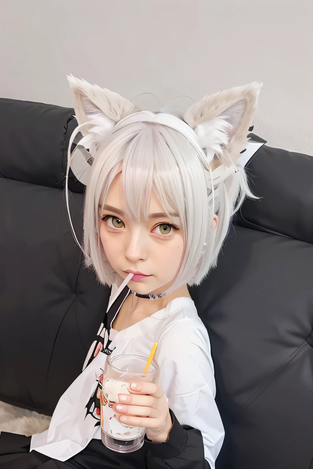 an anthropomorphic character with rabbit-like features. She has long, furry ears, short gray hair, pink eyes and a slightly mischievous smile. The character is totally naked, just wear a collar.