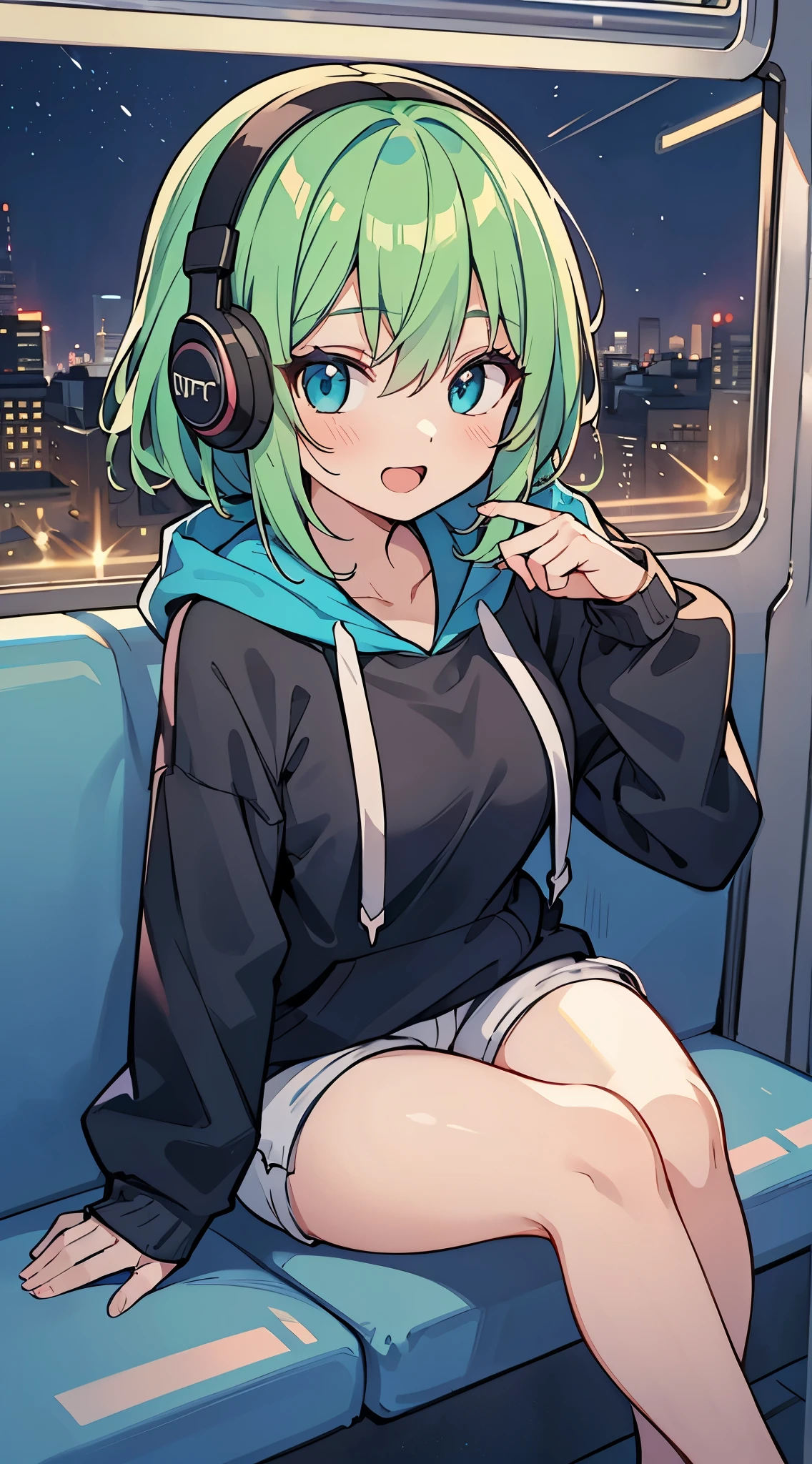((A Pretty girl is sitting in the train)), ((wearing hoodie and hot pants)), Headphone, face, ((master piece, top-quality, ultra-definition, high resolution)), anime girl, ((ultra-detailed illust:1.2)), only one person, bangs, hair between eye, green colored hair, beautiful hair, Blue colored eyes, Shiny eyes, Beautiful eyes, Medium breasts, Big smile, opened mouth, ((night cityscape))
