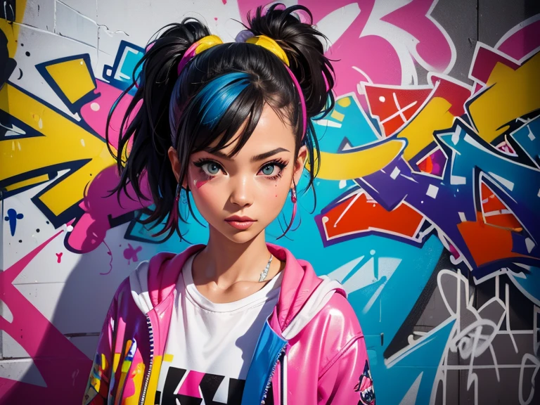 (best quality), (high detail), (vivid colors), (graffiti style), (freestyle), (Close up), (1girl), sexy female graffiti artist, spraying graffiti on a wall painted with street art, HDR, 4K, 3D, graffiti art style.