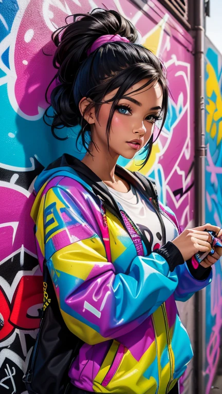 (best quality), (high detail), (vivid colors), (graffiti style), (freestyle), (Close up), (1girl), sexy female graffiti artist, spraying graffiti on a wall painted with street art, HDR, 4K, 3D, graffiti art style.