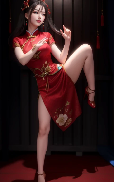 Close up portrait of woman in blue dress posing for photo, wearing a red China dress, China dress, Chinese style, sexy pose, sexy red dress, China dress, pinup pose, chinese girl, very sexy pose, inspired by Min Zhen, Chinese female, Completely red, very sexy devil costume, traditional chinese, sexy dominant pose, passionate pose,five fingers,shiny legs,long legs,big waist