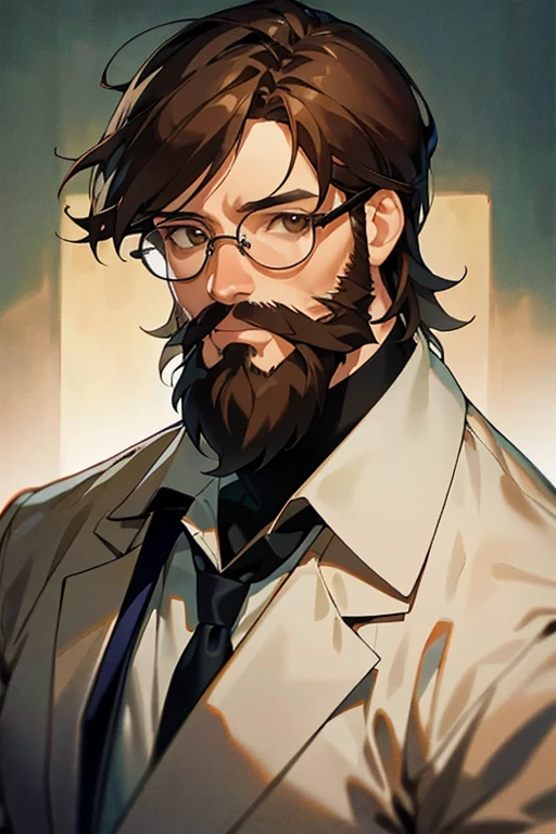 masterpiece, 最high quality, high quality, man 1、50 years old,alone, male focus, looking at the viewer, Upper body, face with beard, brown hair, brown eyes, wearing glasses, formal, tie, dress shirt