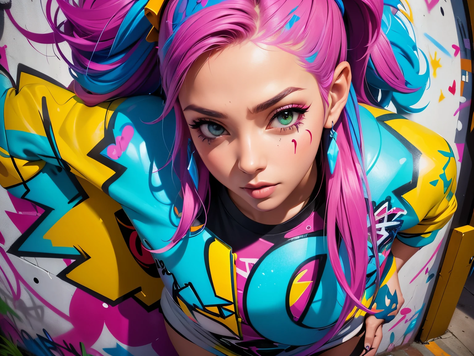 (best quality), (high detail), (vivid colors), (graffiti style), (freestyle), (Close up), (1girl), sexy female graffiti artist, spraying graffiti on a wall painted with street art, HDR, 4K, 3D, graffiti art style.