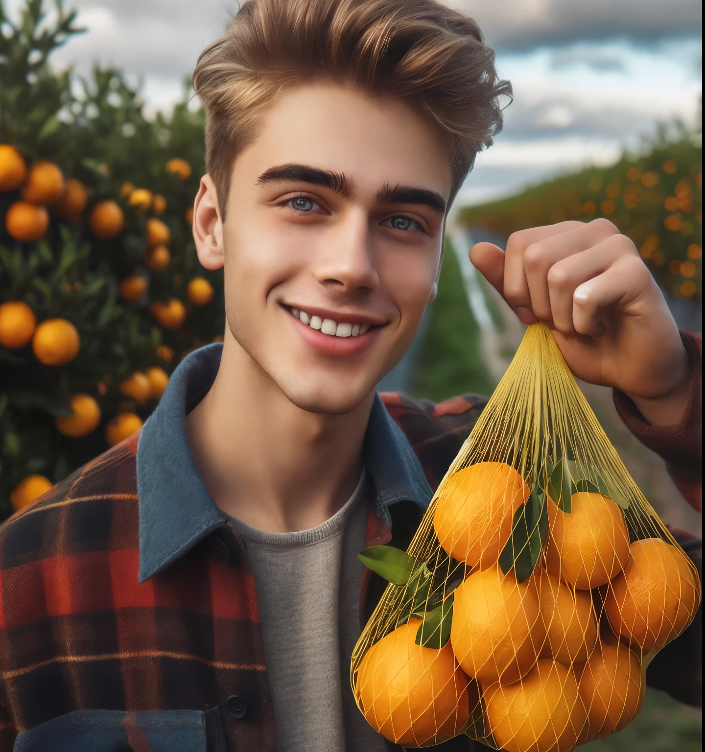 smiling man holding a net bag of oranges in front of orange trees, holding a tangerine, oranges, profile pic, high quality portrait, orange skin, orange head, profile picture, fruit celebrity, by Igor Grabar, by Galen Dara, by Aleksander Gierymski, beautiful young man, cute young man, portait photo profile picture