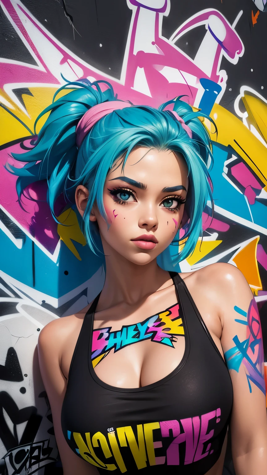 (best quality), (high detail), (vivid colors), (graffiti style), (freestyle), (Close up), (1girl), sexy female graffiti artist, spraying graffiti on a wall painted with street art, HDR, 4K, 3D, graffiti art style.