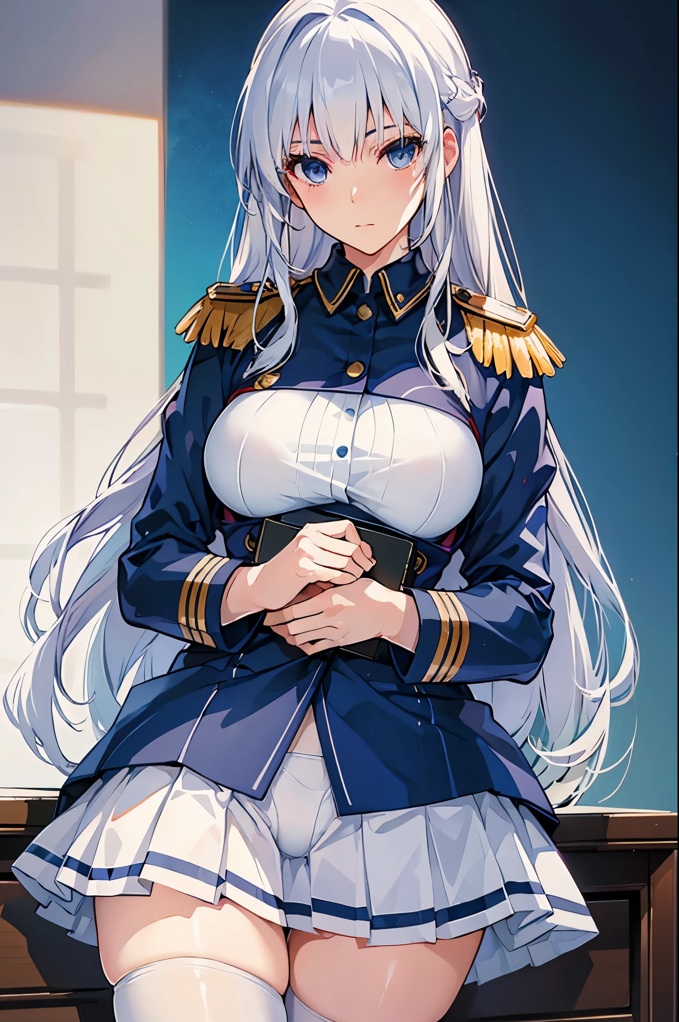 (highest resolution, distinct_image), best quality, masterpiece, highly detailed, semi realistic, a woman with white  hair, mature woman, 30 years old,triple bangs, blue uniform, blue pleated skirt, military uniform, military academy, studying, holding a book,white panties,thigh high socks,large breasts