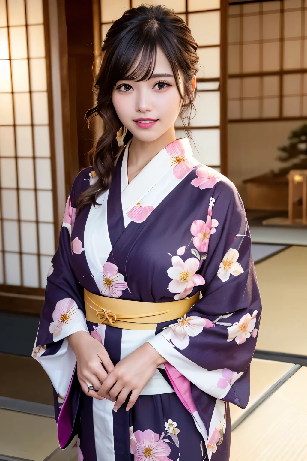 (masterpiece:1.3), High resolution, Super detailed, Highly detailed CG Unity 8K wallpaper, realistic, photo-realistic, RAW photo, beautiful detailed face, white skin, realistic glistening skin, fine cloth texture, detailed hair texture, perfect body, beautiful face, Accurate, anatomically correct, Highly detailed face and skin texture, natural neck length, (beautiful hands), (Fair skin:1.2), thin legs, thin legs, Beautifully aligned teeth,
break,
fine eyes, symmetrical eyes, light brown eyes, double eyelid, thin eyebrows, (glossy lips:1.4), ((smile gently:1.2)), (blush:1.1),
break,
(very cute girl:1.3), ((Wearing a cute high-class yukata with a floral pattern:1.3)),
medium to large breasts, (slender body shape:1.1), toned abdominal muscles,
(dark blonde hair, wavy hair, long hair:1.2), ((asymmetrical bangs:1.2)),
break,
((elegant posture:1.3)),
((In a wide overnight ride in Kyoto:1.4)), (cowboy shot:1.2), looking at the viewer, From before:0.65,