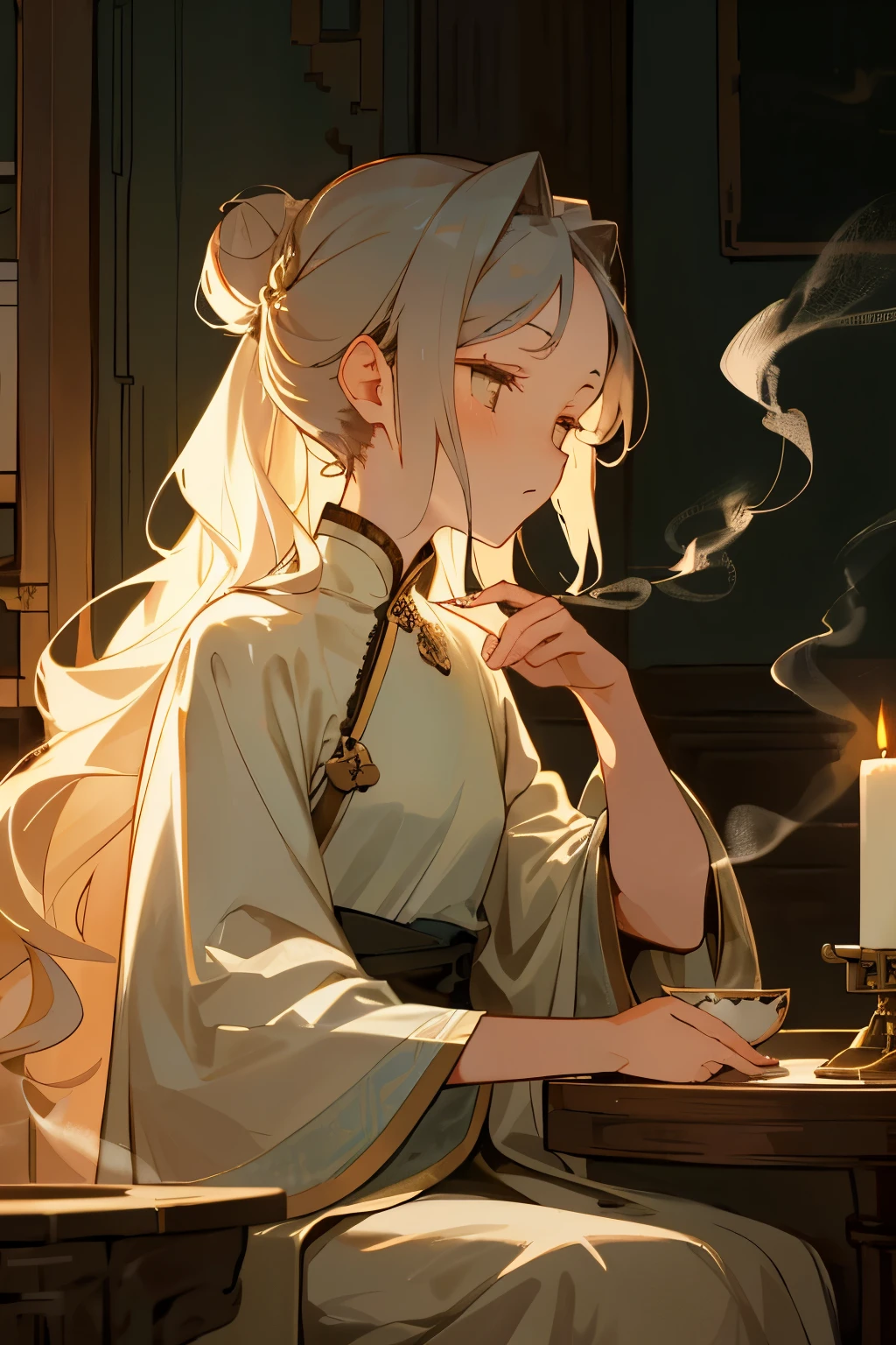 Sitting alone at the tea table, with a serene expression on her face, she burned incense and took sips of her steaming hot tea. The aroma of the incense filled the room, adding to the tranquil atmosphere. She kept her mouth shut, focusing on the taste of the tea and the calming effects of the incense. The room was dimly lit, with only the soft glow of the incense and the occasional flicker of the candle casting an ethereal glow on her face. Her long, wavy hair was pulled back into a loose bun, and her almond-shaped eyes were closed in quiet contemplation. The simple background of the tea table and the walls of the room