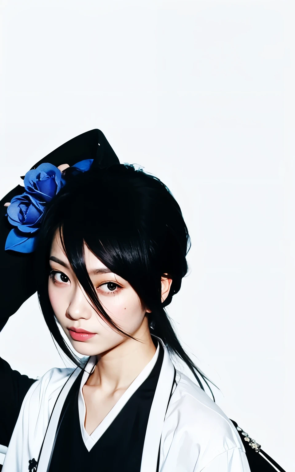 Women black hairstyles and blue rose in hair and black white clothes