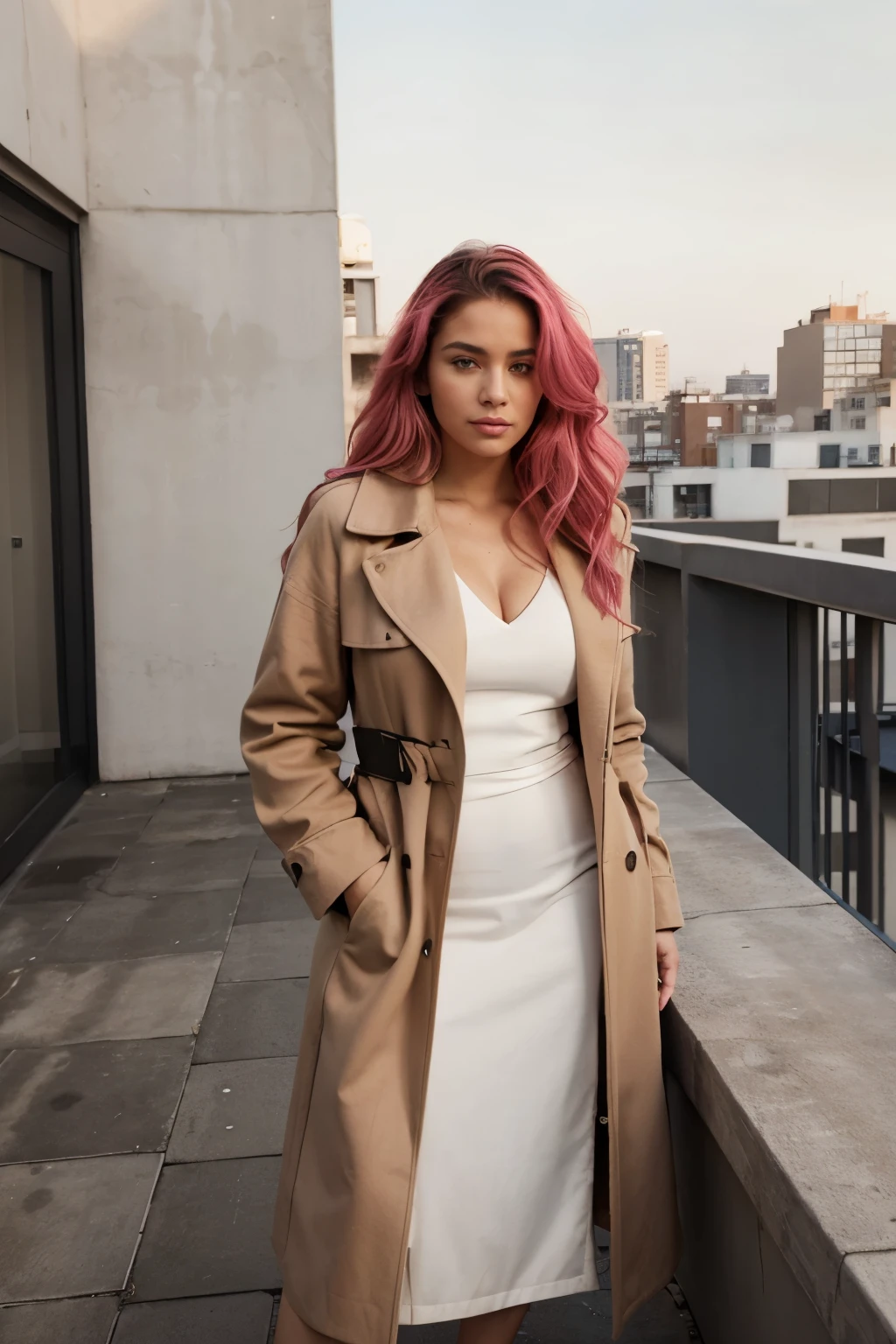 A candid photo shoot on a rooftop terrace featuring a latina woman, size 14, bright pink wavy hair, curvy body, wearing a minimal camel coat from Max Mara's collaboration with The Row. With its clean lines and understated design, this coat embodies simplicity and elegance. She effortlessly exuded confidence and sophistication as the model struck various poses against the backdrop of the city skyline. The rooftop location adds an urban and modern touch to the overall aesthetic, creating a visually captivating scene. Max Mara and The Row's collaboration fuses their shared vision of timeless and sophisticated fashion, making this camel coat a must-have for the modern woman. --chaos 10 --ar 9:16 --v 5.2. pink hair