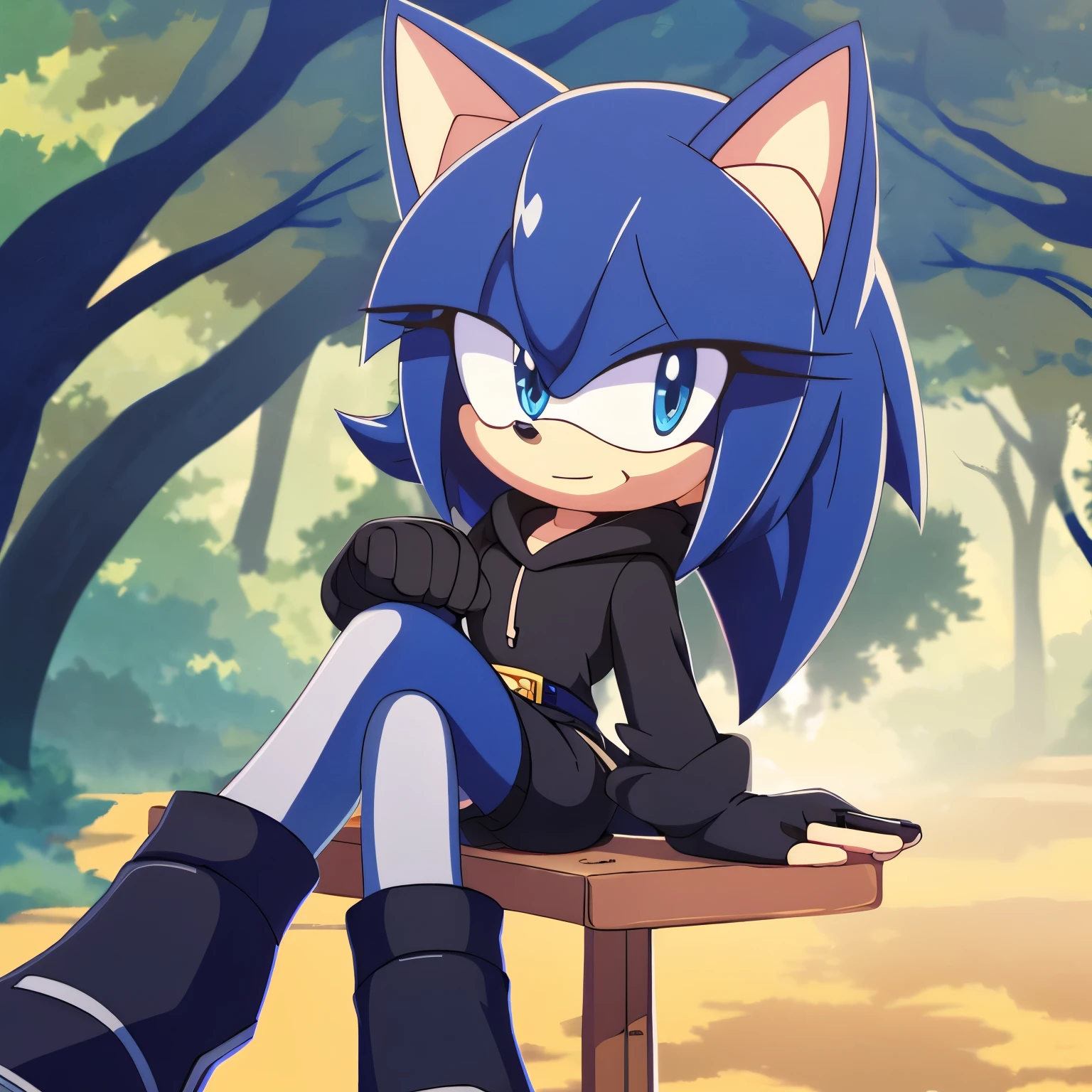 Female, Mobian, Hedgehog, long quills curled at the tip, lower back length hair/quills, royal blue fur, royal blue eyes, hair bangs, (black tube top dress with white trims), black belt, ((navy blue hoodie with white trims)), black fingerless gloves, navy blue heeled boots with straps, (great detail), (((2D Anime Style))), forest background, standing with crossed legs, gentle expression, (((1girl))), (((solo)))
