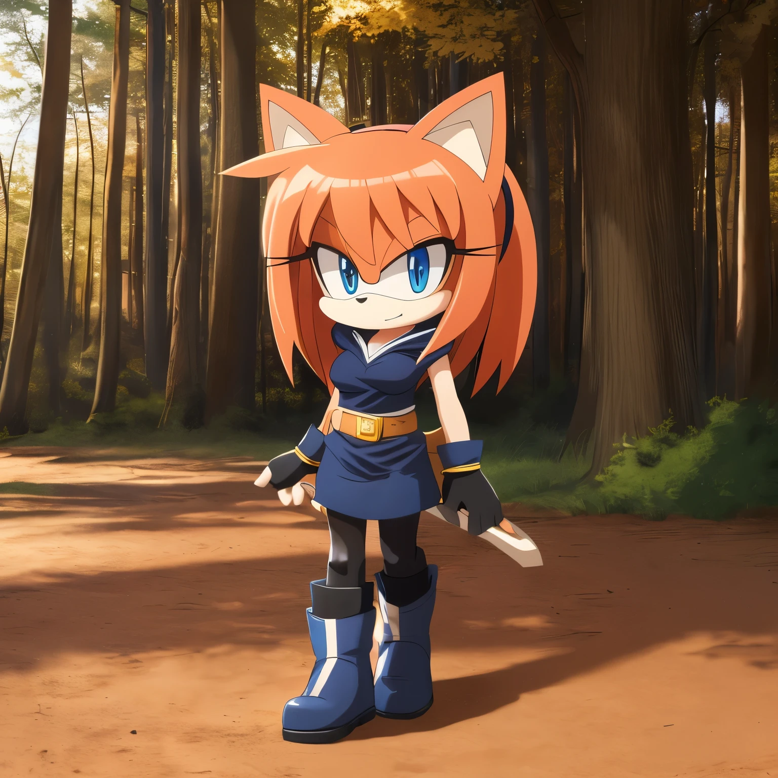 Female, Mobian, Hedgehog, long quills curled at the tip, lower back length hair/quills, royal blue fur, royal blue eyes, hair bangs, (black tube top dress with white trims), average sized breasts, black belt, ((navy blue hoodie with white trims)), black fingerless gloves, navy blue heeled boots with straps, (great detail), (((2D Anime Style))), forest background, standing with crossed legs, gentle expression, (((1girl))), (((solo)))