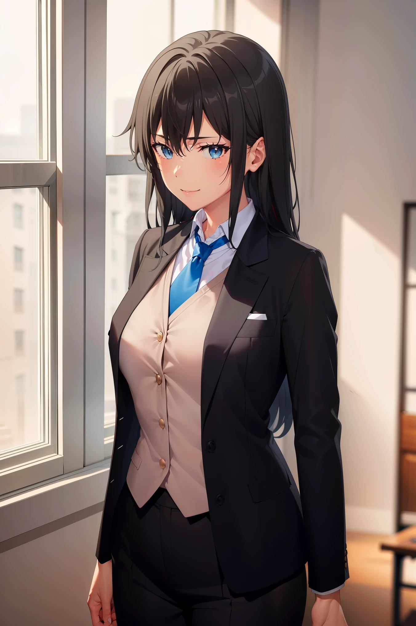 Yukinoshita yukino ,woman in formal attractive tailcoat standing in a large alcove in the room , 1girl, solo, blue necktie, black hair, blue eyes, long hair, smile , collared shirt, white pants, white shirt , tailored tailcoat elegant , standing in front of a window ,tailcoat tailored to perfection crafted from the lustrous fabric