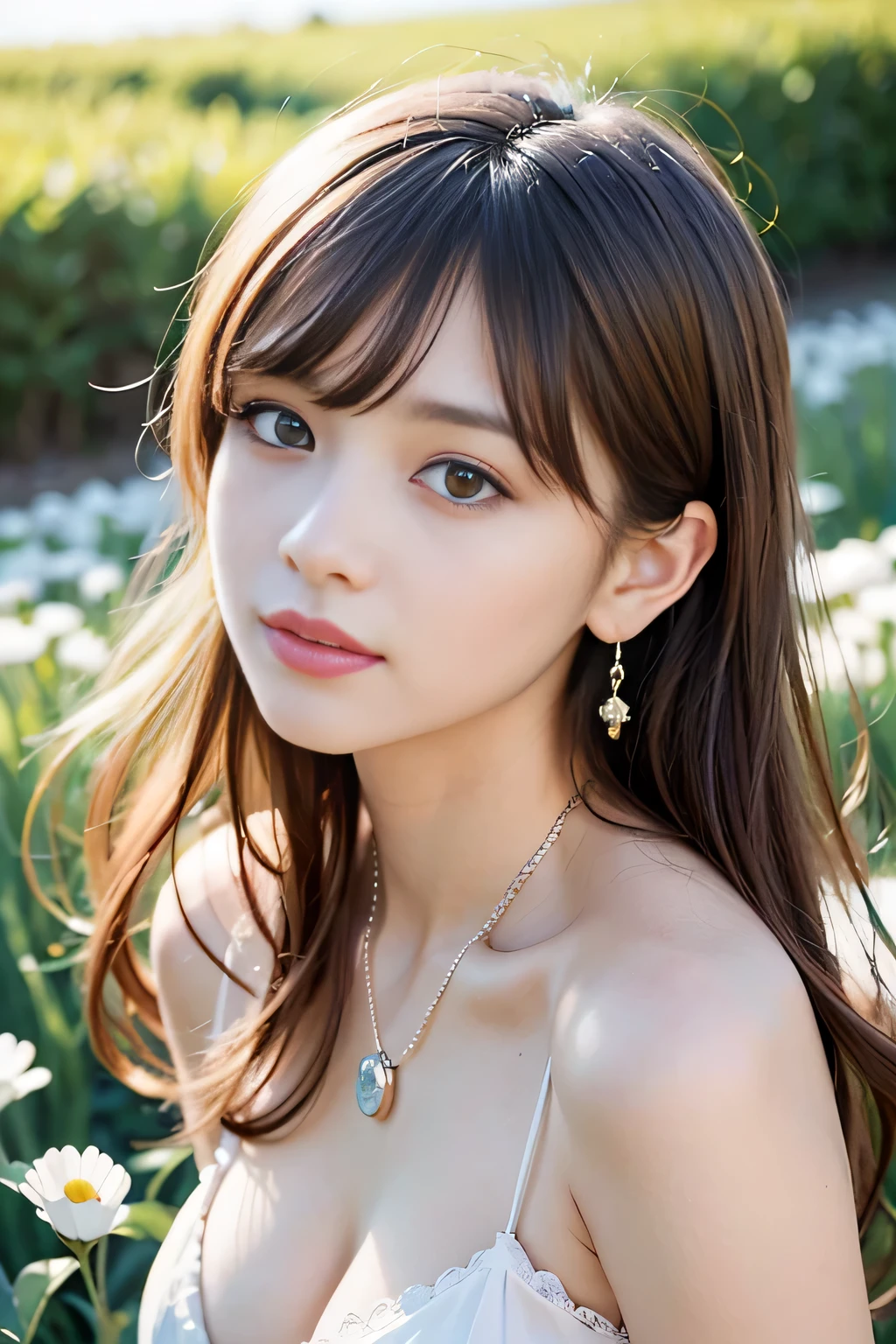 (((unity 32k wallpaper,Raw photo,At 32K、Super highest resolution、Super best image quality、super highest quality、32K resolution、photorealistic1.5、Sharpest image quality、clear image、マスターmasterpiece、People photography:1.photorealistic, masterpiece: 1.hotorealistic、sharp focus、high definition,An illustration、Super fine、Fine、perfect dynamic composition、))),受賞歴のあるAn illustration、(intricate details: 1.2)、(Delicate details)、(cinematic light、bloom、sunshine、ray tracing、detailed shadows)、clear lines、sharp focus、official art、incredibly absurd、huge file size、Super detailed、very detailed、very delicate and beautiful、RAW photo、light shines on your face、Depth of bounds written、solo focus、(Wind:1.1)、1 girl、smile、(Standing position:1.2)、(big breasts、cleavage)、see the beholder、(detailed face、beautiful eyes、beautiful detailed lips、long eyelashes、realistic skin、white skin、delicate skin texture、long hair)、((nude) 、nsfw、small earrings、pendant))、((null、grassland、sea of flowers))、pureerosface_v1、ulzzang-6500-v1.1