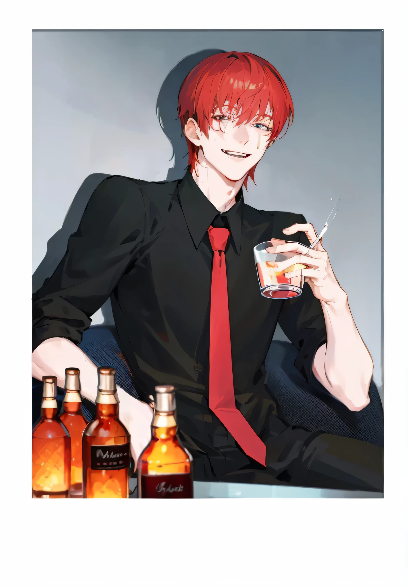 Red-haired man holding wine glass，smiling，evil smile