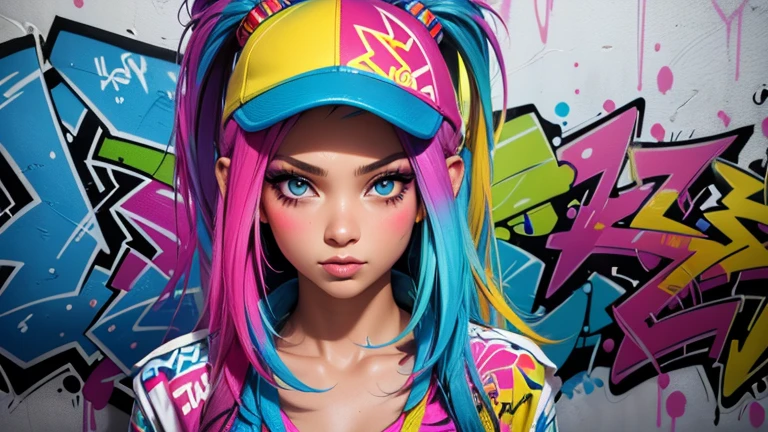(best quality), (high detail), (vivid colors), (graffiti style), (freestyle), (Close up), (1girl), sexy female graffiti artist, spraying graffiti on a wall painted with street art, HDR, 4K, 3D, graffiti art style.