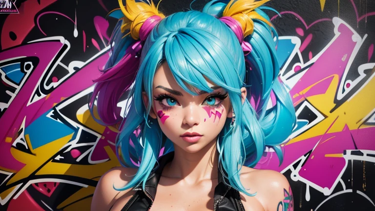 (best quality), (high detail), (vivid colors), (graffiti style), (freestyle), (Close up), (1girl), sexy female graffiti artist, spraying graffiti on a wall painted with street art, HDR, 4K, 3D, graffiti art style.