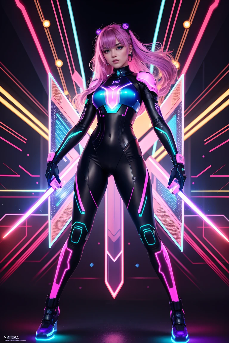 high quality, 8K Ultra HD, full body, have a cyber saber, a mesmerizing 20-year-old woman with a futuristic beauty that seems to transcend time and space, intricately woven into her very being, encased in the cybernetic suit, move with fluidity and precision, Her flowing hair resembles streams of neon lights, casting a vibrant glow that adds a touch of cyberpunk brilliance to her appearance, Each strand of hair is meticulously crafted with holographic patterns that shimmer and shift, creating an ever-changing display of colors, by yukisakura, highly detailed,