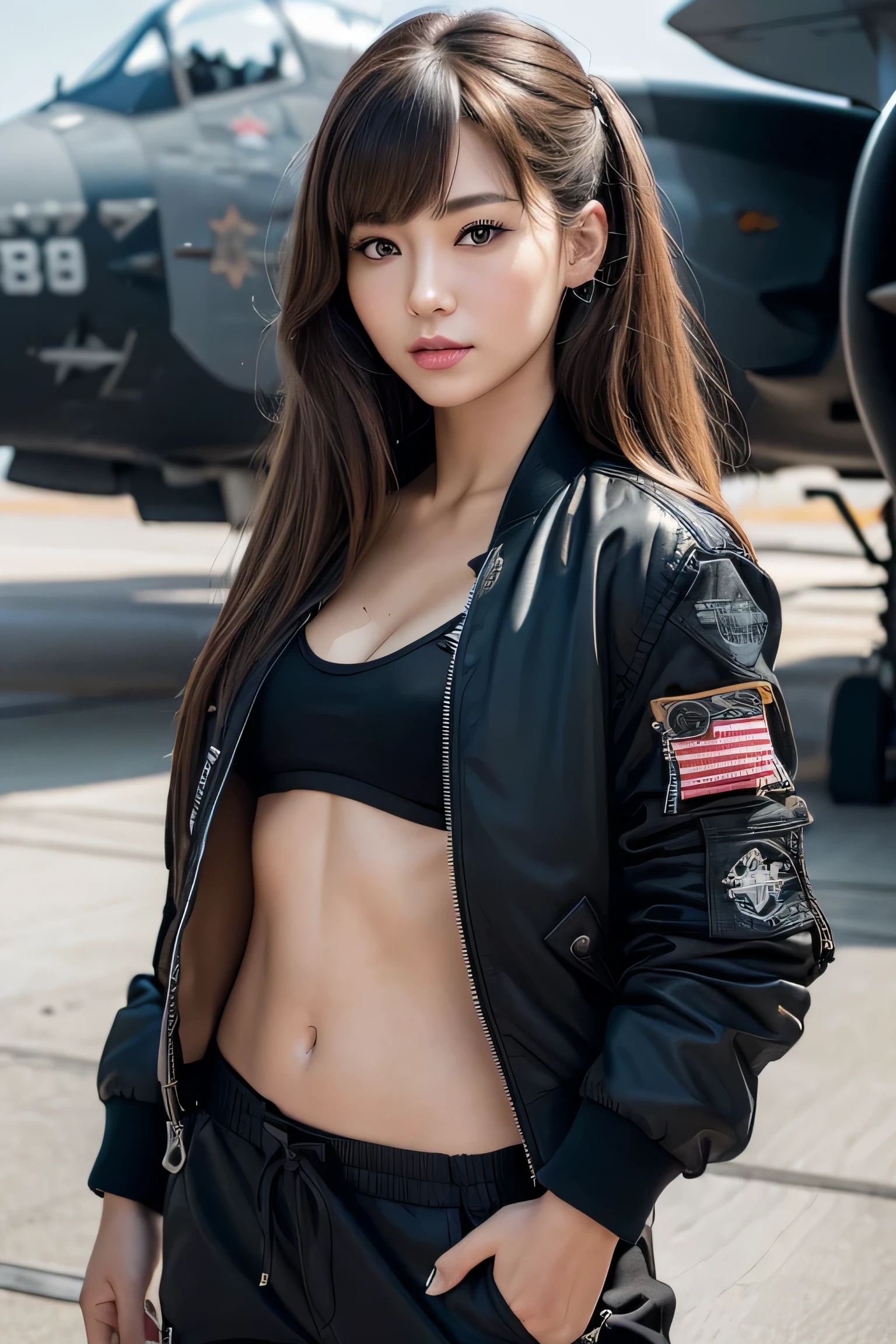 (masterpiece:1.2), ultra detailed, ultra high res, (realistic, photo realistic:1.37), high detail RAW color photo, professional photograph, extremely detailed face, extremely detailed eyes, extremely detailed skin, extremely detailed fingers, highly detailed nose, highly detail mouth, Perfect Anatomy, Highly detailed background, (famous actress of Japan:1.2), (gyaru:1.2), (flat chest), brown race, dark skin, ponytail, (wearing black air bomber jacket with many patches, cargo pants:1.25), (flight deck of aircraft carrier:1.5),