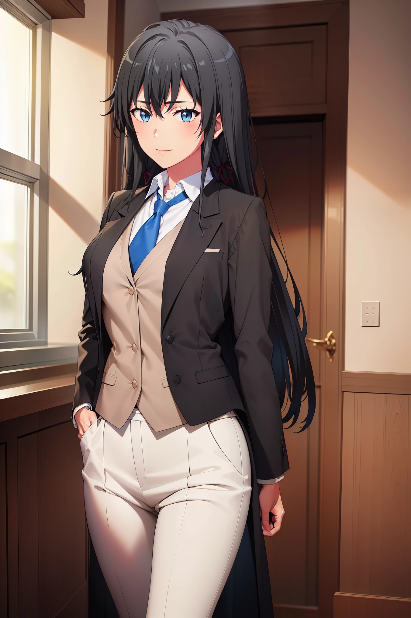 Yukinoshita yukino ,woman in formal attractive tailcoat standing in a large alcove in the room , 1girl, solo, blue necktie, black hair, blue eyes, long hair, smile , collared shirt, white pants, white shirt , tailored tailcoat elegant , standing in front of a window ,tailcoat tailored to perfection crafted from the lustrous fabric