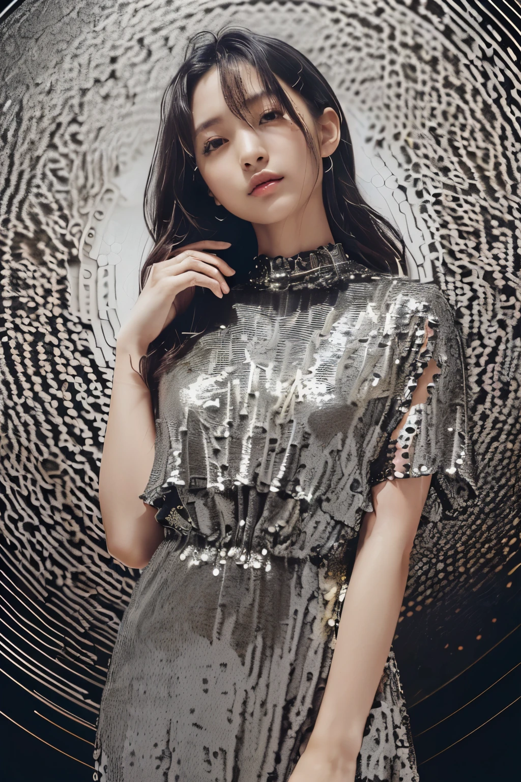 (japanese woman is wearing a silver Sequin Dress:1.5)( background is Ferrofluid vector pattern with a circle in the middle rippling out, vector, lines:1.5)Editorial,matte photo, whiplash lines, style raw (dynamic angle:1.5)(best quality)( 8k)(detailed face:1.5)(high resolution:2.0)(five fingers)
