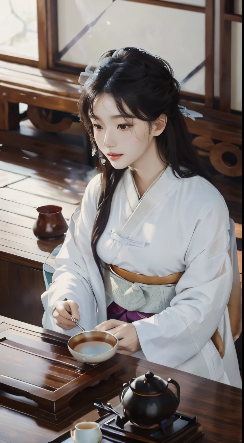nobles in traditional costumes (hanbok) for the Tea Ceremony in Korea 1392. Steaming Tea Cup, Slowly Rising Steam, Delicate Porcelain Tea Cup, Tea Aroma, Gentle Rising Steam, Infused to Perfection, Stirring Spoon, Sugar Cubes, Delicate Teapot, Meticulously Painted Ceramic, exquisite craftsmanship, realistic representation of liquid, subtle reflections of light, sublime details, captivating work. Best quality, Super detail.