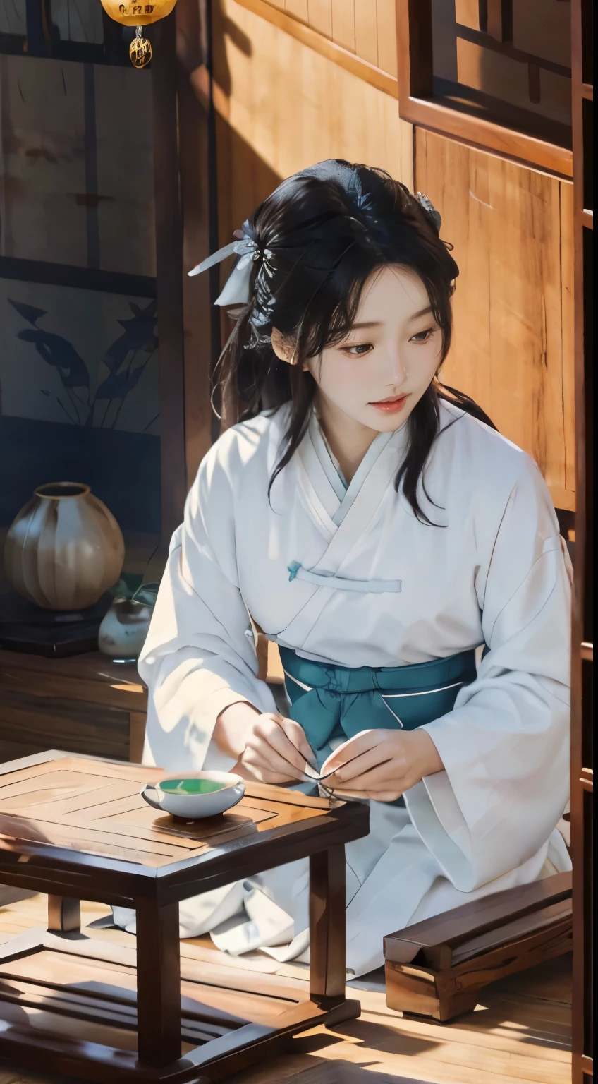 nobles in traditional costumes (hanbok) for the Tea Ceremony in Korea 1392. Steaming Tea Cup, Slowly Rising Steam, Delicate Porcelain Tea Cup, Tea Aroma, Gentle Rising Steam, Infused to Perfection, Stirring Spoon, Sugar Cubes, Delicate Teapot, Meticulously Painted Ceramic, exquisite craftsmanship, realistic representation of liquid, subtle reflections of light, sublime details, captivating work. Best quality, Super detail.