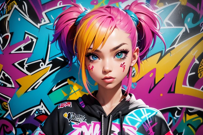 (best quality), (high detail), (vivid colors), (graffiti style), (freestyle), (Close up), (1girl), sexy female graffiti artist, spraying graffiti on a wall painted with street art, HDR, 4K, 3D, graffiti art style.
