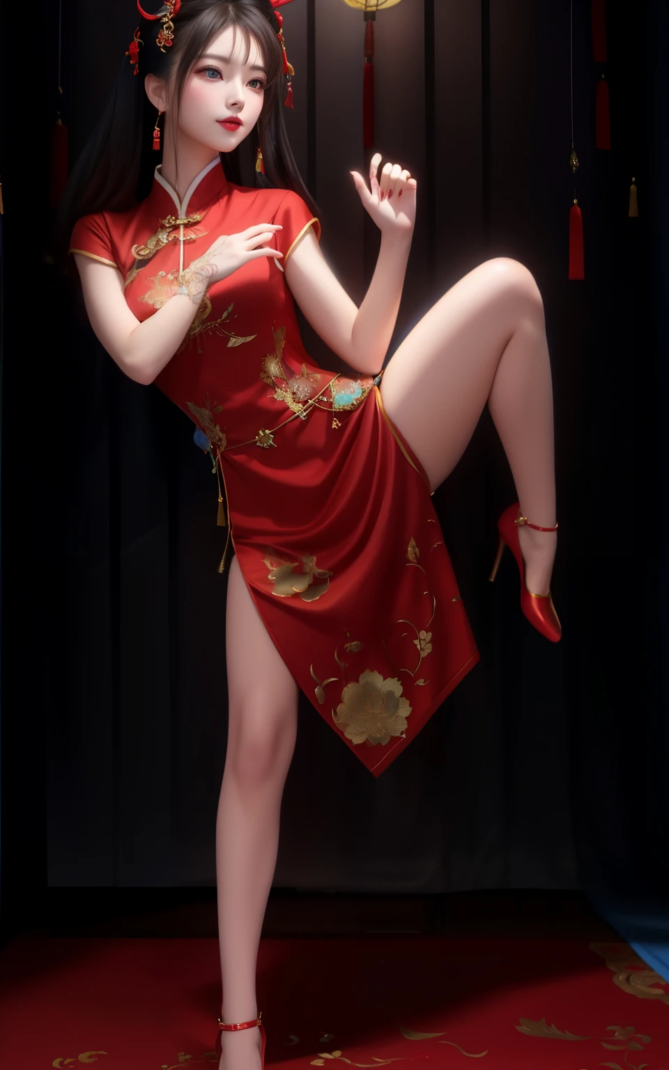 Close up portrait of woman in blue dress posing for photo, wearing a red China dress, China dress, Chinese style, sexy pose, sexy red dress, China dress, pinup pose, chinese girl, very sexy pose, inspired by Min Zhen, Chinese female, Completely red, very sexy devil costume, traditional chinese, sexy dominant pose, passionate pose,five fingers,shiny legs,long legs,big waist