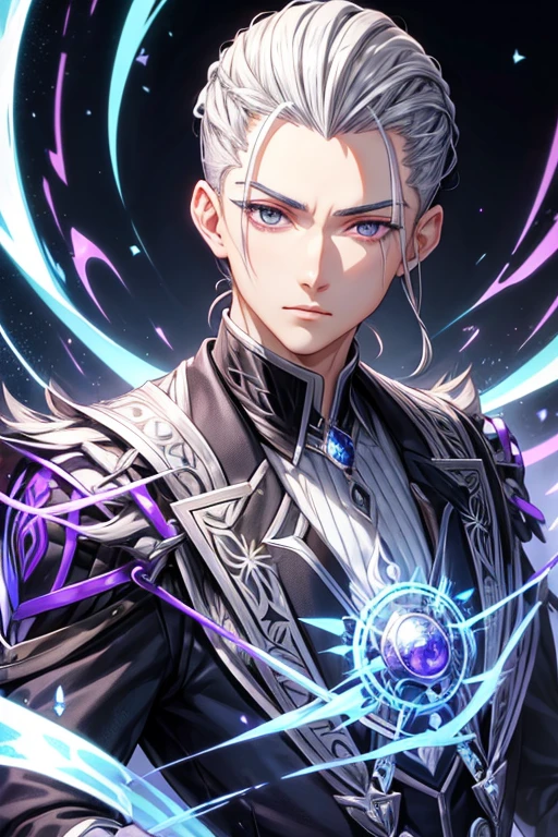 hair style with all hair slicked back、odd eye、silver hair all back、male、hair is long to the shoulders、odd eye、maleの左目赤色、male右目青、Purple coat、increase wide angle、clear eyes、Thunder Magic Circle、light spots on eyes