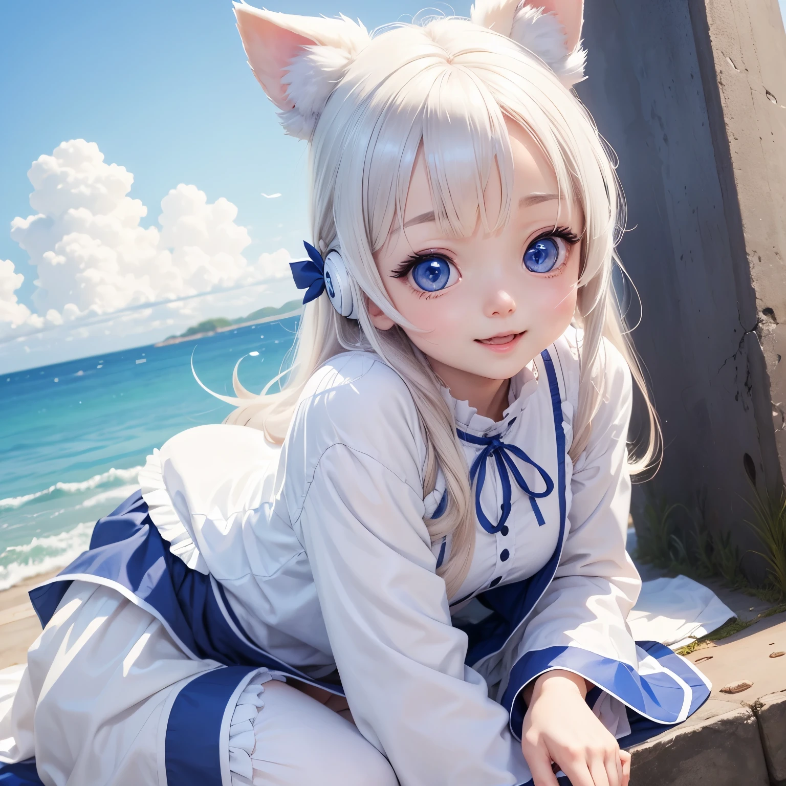 very cute anime ai puppy, White, blue eyes, beautiful background. Laughter、