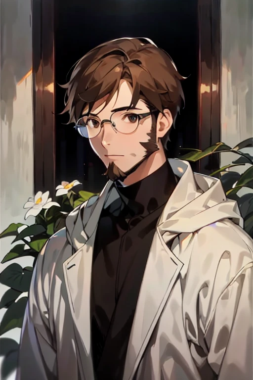 masterpiece, 最high quality, high quality, man 1、30 years old,alone, male focus, looking at the viewer, Upper body, bearded face, brown hair, brown eyes, wearing glasses, doctor、wearing a white coat