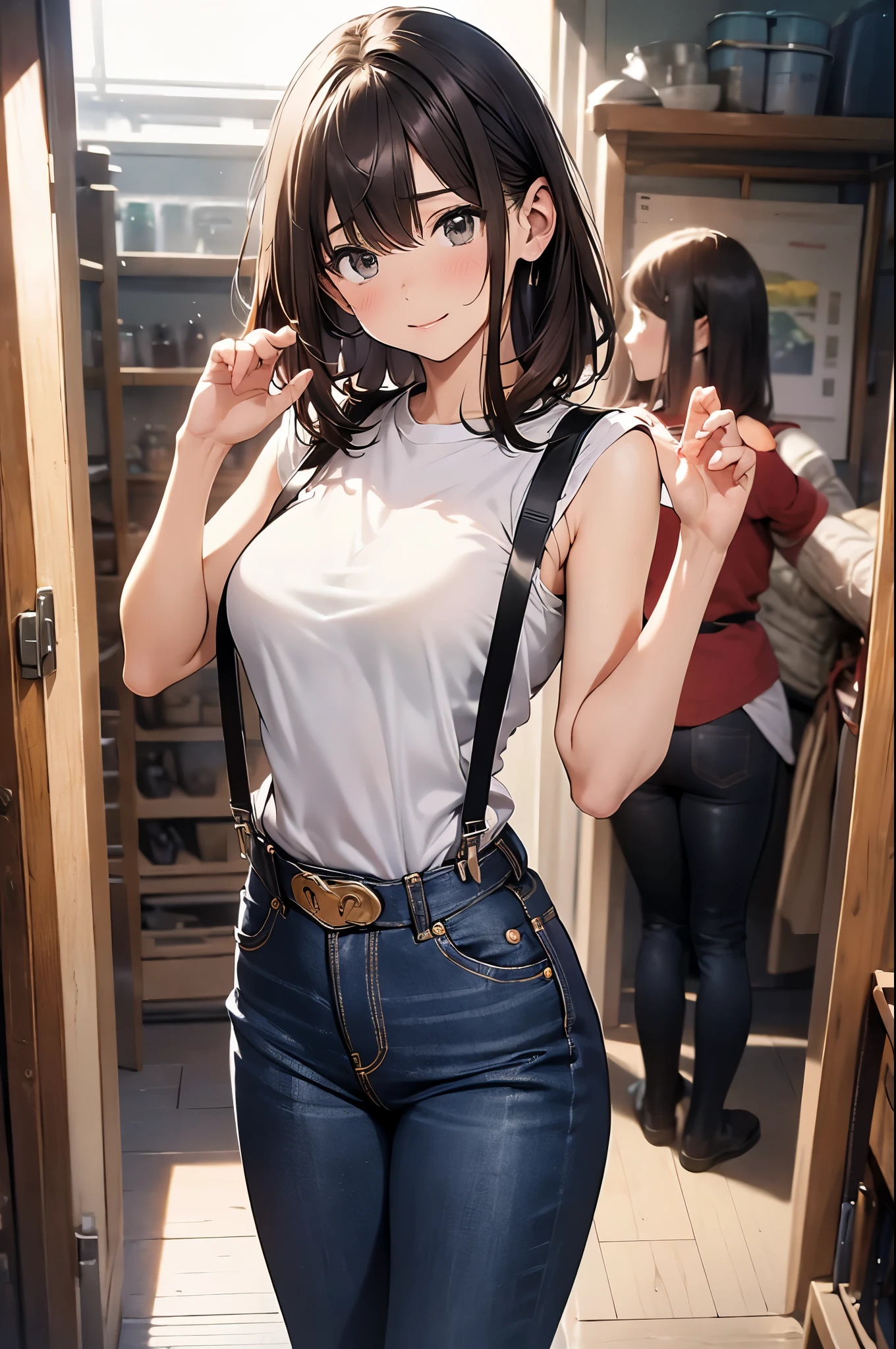 brown hair、looking at the viewer suspenders Bulging big breasts jeans boots Gaze small face bangs Beauty hands up Gaze 黒いboots provocation armpit sweat one person put your hands behind your back cutter shirt Black belt